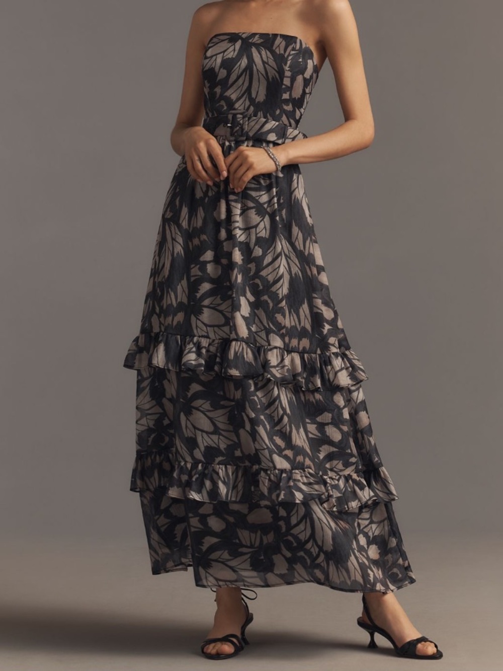 Hutch Strapless Maxi Dress Black Butterfly Print Tiered Anthropologie – Size M